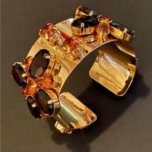 Gold-Tone Cuff Bracelet with Black and Amber Rhinestones - Vintage